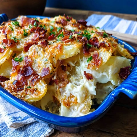 A blue bowl filled with scalloped potatoes.
