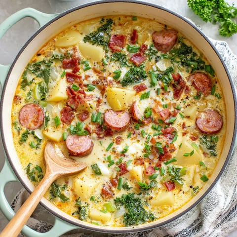 A pot of soup with sausage and potatoes.