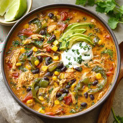 A bowl of chicken and avocado soup.