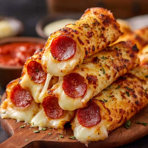 A pizza with pepperoni and cheese on a wooden platter.