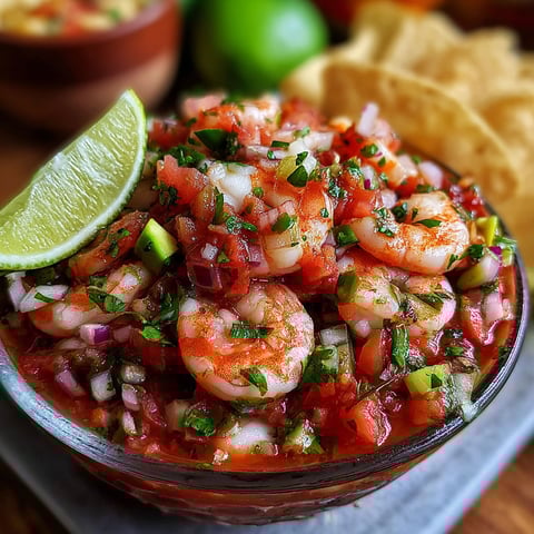 A bowl of shrimp cocktail with lime wedges.