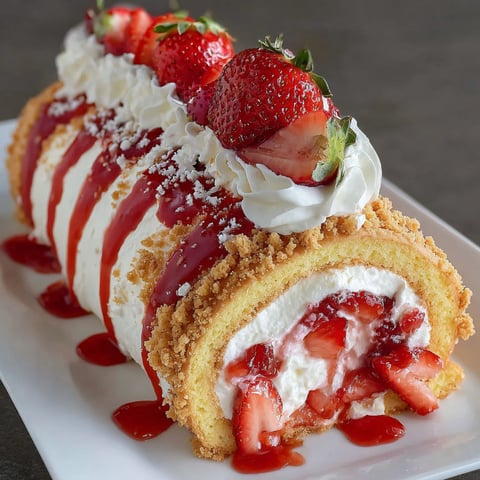 A dessert roll with strawberries and whipped cream.