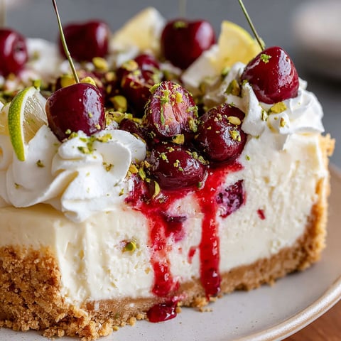 A slice of cake with cherries and pistachios.