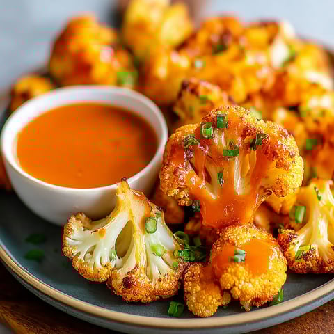 A plate of cauliflower with a bowl of sauce.