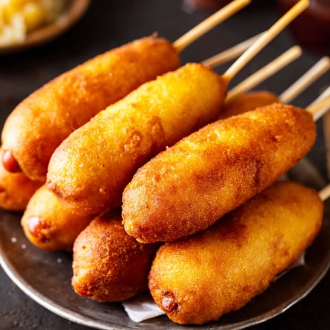 A plate of corn dogs on a table.
