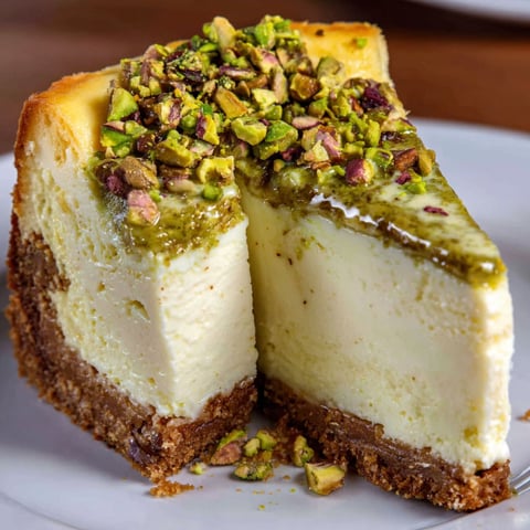 A slice of pistachio cheesecake with topping.
