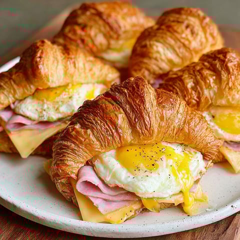 A plate of croissants with eggs and cheese.