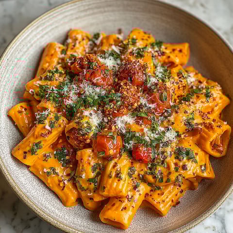 A bowl of pasta with tomatoes and garlic.