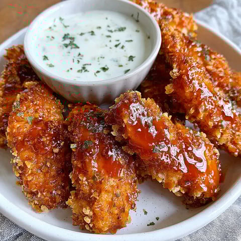 A plate of air-fried honey buffalo chicken tenders.