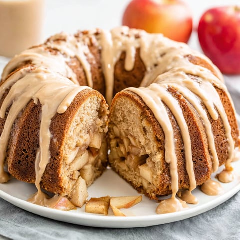 A bundt cake with caramel sauce and apple slices.
