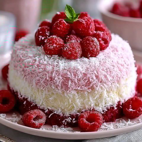 A pink cake with white frosting and raspberries on top.