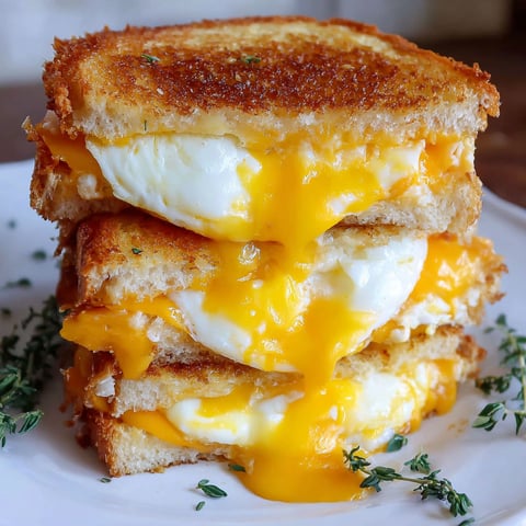 A stack of grilled cheese sandwiches with fried eggs on top.