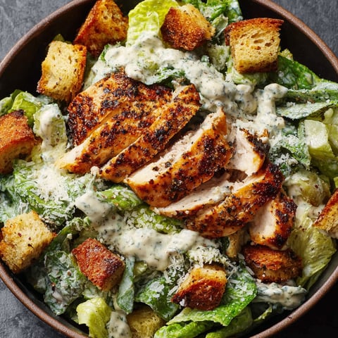 A bowl of chicken Caesar salad.