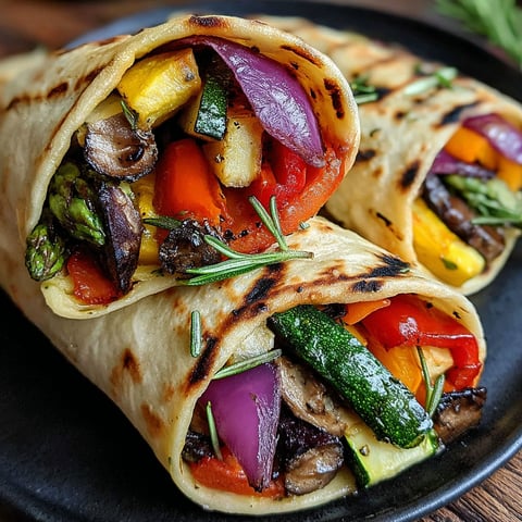 A grilled vegetable wrap with a variety of vegetables.