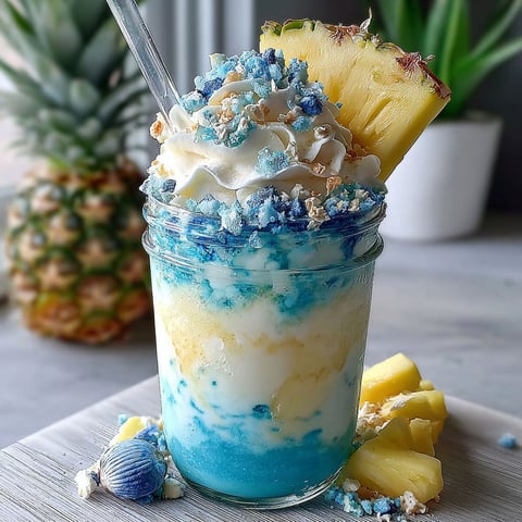 A glass of Ocean Love Colada Frappuccino with a pineapple wedge.