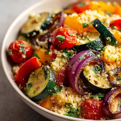 A bowl of roasted vegetables with couscous.