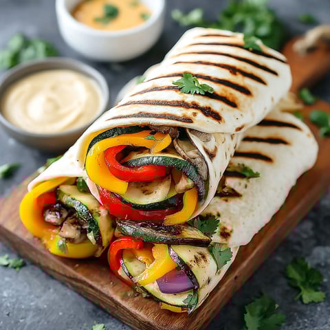 A grilled veggie wrap with a variety of vegetables.