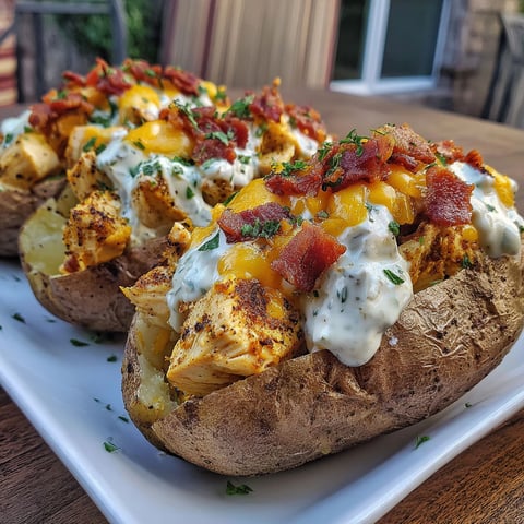 A plate of loaded potatoes with chicken and bacon.