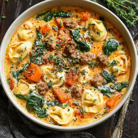 A bowl of creamy sausage tortellini soup.
