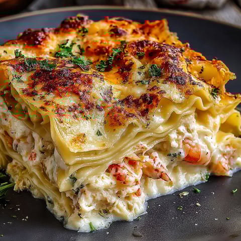 A delicious seafood lasagna on a plate.