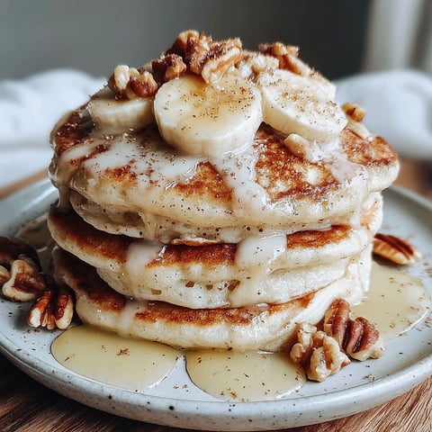 Banana pancakes with syrup and nuts.