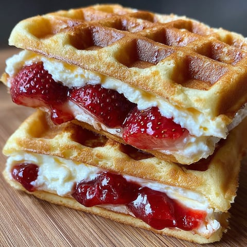 A stack of waffles with strawberries and whipped cream.