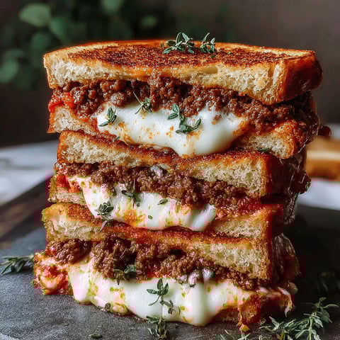 A stack of grilled cheese sandwiches with meat sauce.