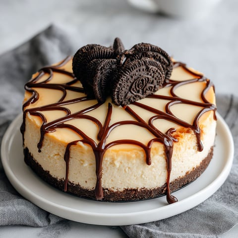 A slice of cheesecake with a spiderweb design.