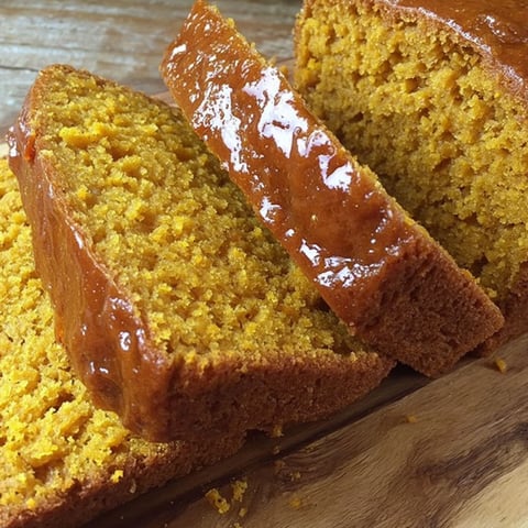 A slice of pumpkin bread on a wooden table.