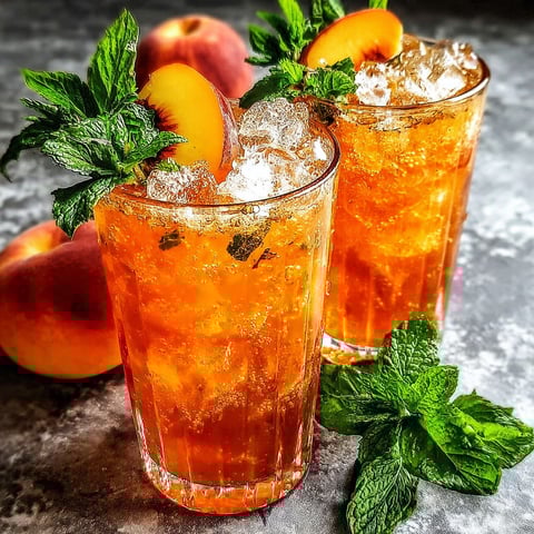 Two glasses of peach iced tea on a table.