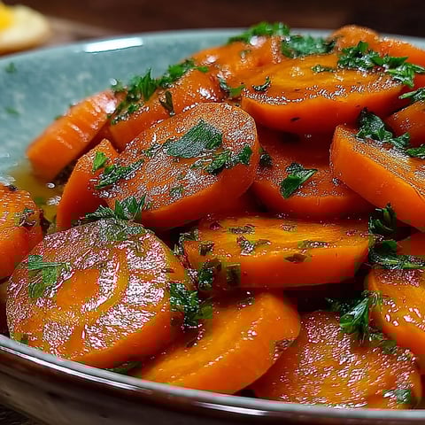 A plate of sliced carrots with green herbs on top.