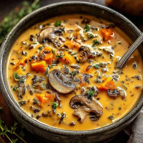 A bowl of soup with mushrooms and carrots.