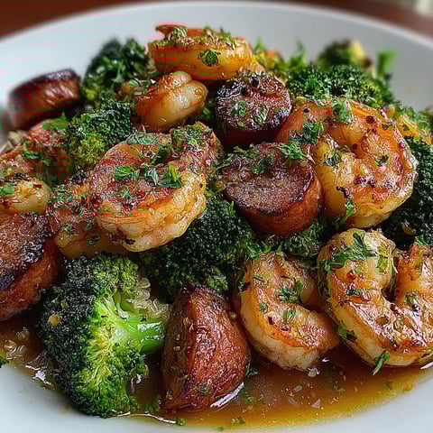 A plate of shrimp, sausage, and broccoli.