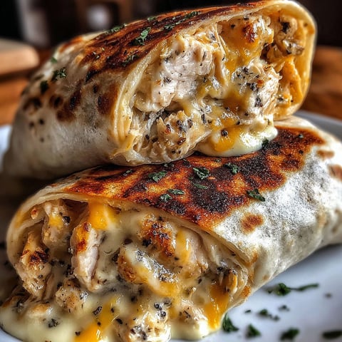 Two cheesy garlic chicken wraps stacked on a plate.