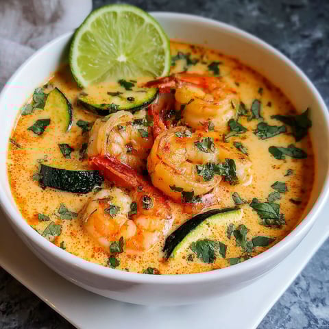 A bowl of shrimp soup with lime wedges on top.