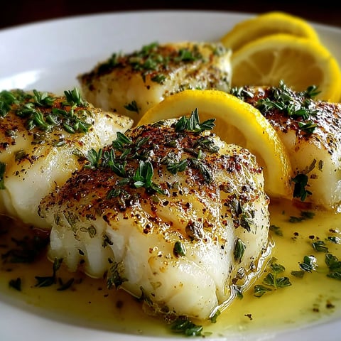 A plate of fish with lemon slices on top.