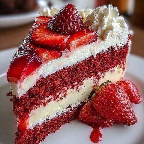A slice of red velvet strawberry cheesecake on a plate.