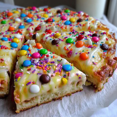 A slice of a white chocolate brownie pizza.