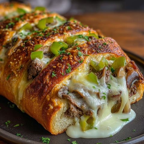 A Philly Cheesesteak Stromboli with mushrooms and green peppers.