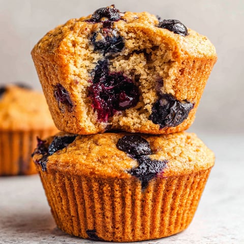 Two muffins with blueberries on top.