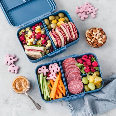 A blue lunch box with a variety of foods.