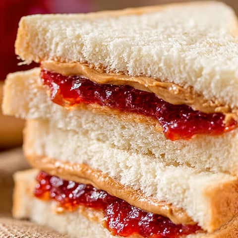 A stack of peanut butter and jelly sandwiches.