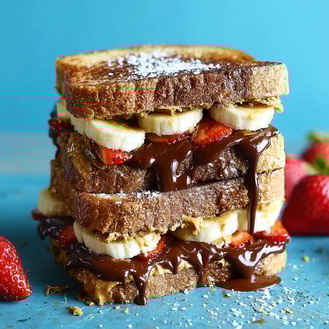 A grilled Nutella banana sandwich with chocolate drizzle.