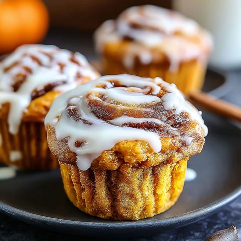 Three pumpkin cinnamon roll muffins on a plate.