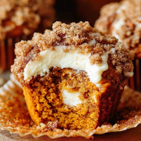 A muffin with a cream cheese filling and a brown sugar topping.