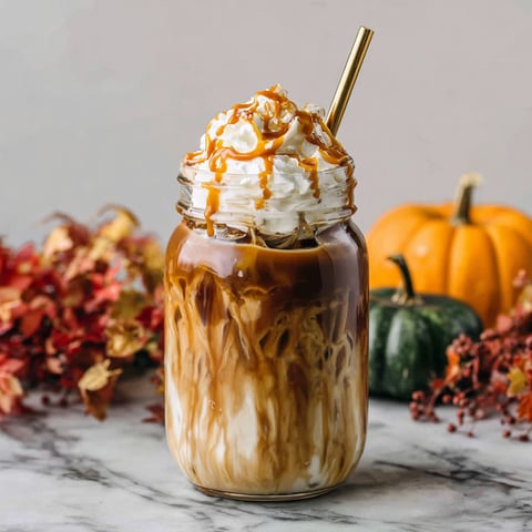 A glass of Caramel Pumpkin Spice Iced Coffee.