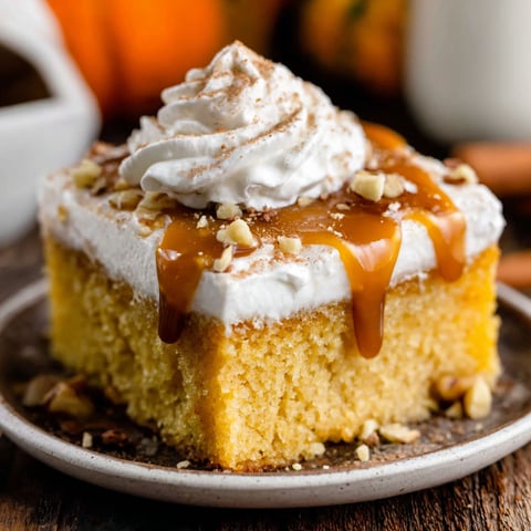 A slice of pumpkin poke cake with whipped cream and caramel drizzle.