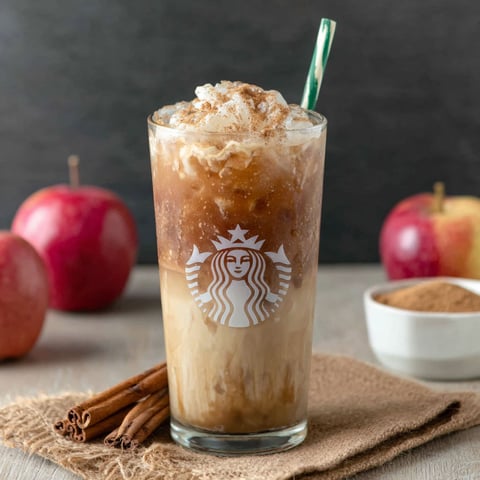 A glass of Starbucks Iced Apple Crisp Oatmilk Shaken Espresso.