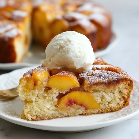 A slice of peach cake with a scoop of ice cream on top.