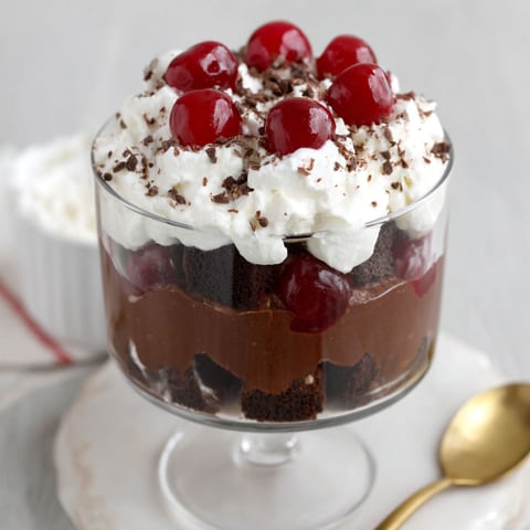 A glass of black forest trifle.